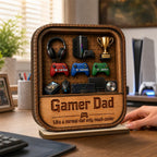 Gamer Dad Gaming Shelf Display With Kids Name 2D Flat - Personalized Wooden Plaque