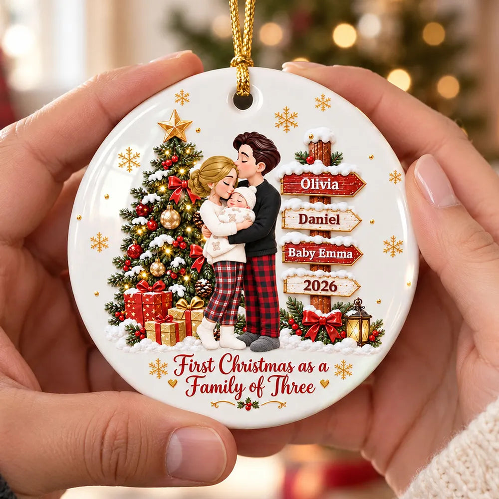 First Christmas As Family Of Three - Personalized Ceramic Ornament - Christmas Tree Keepsake For New Parents
