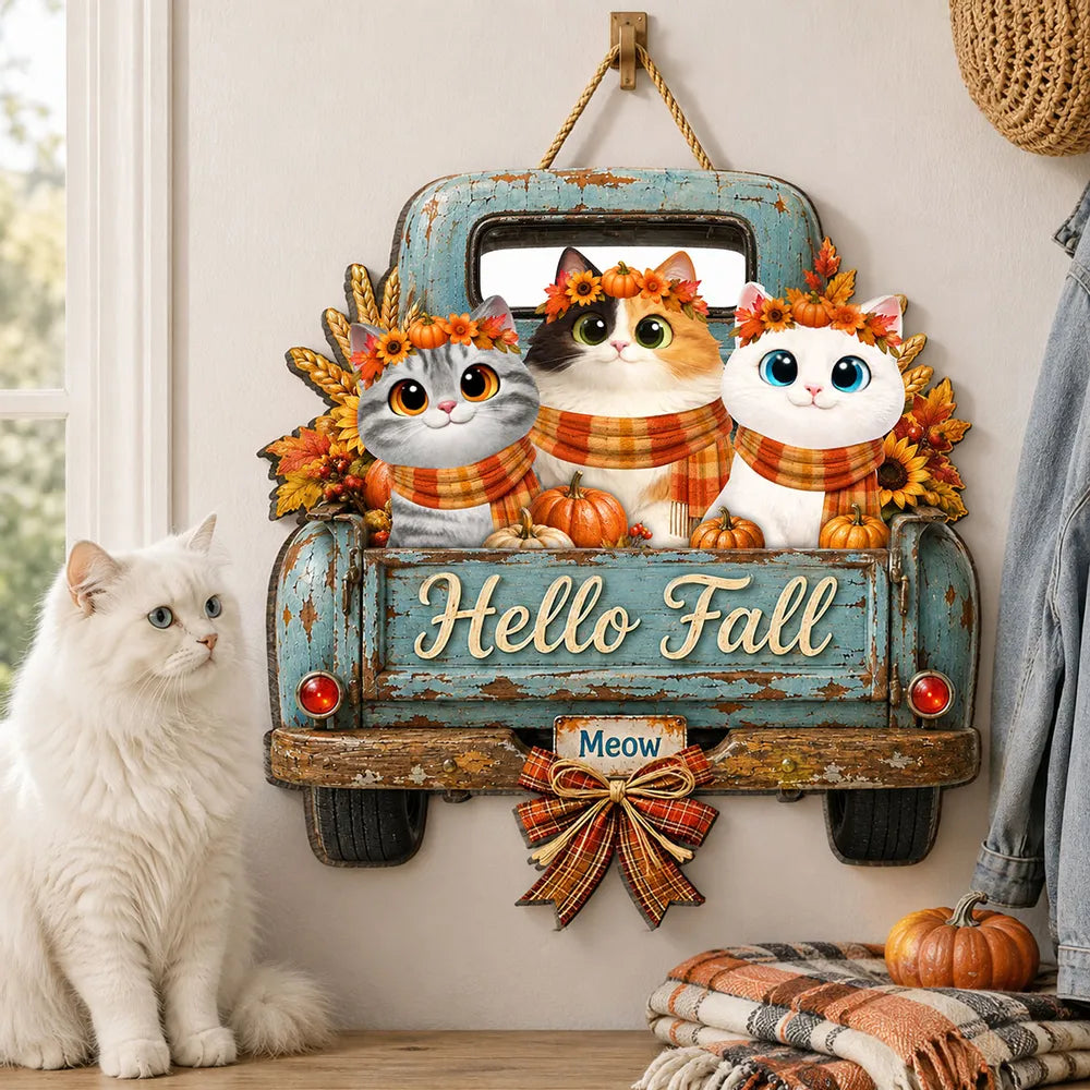 Hello Fall Pumpkin Cats - Personalized Door Hanger Sign - Cozy Fall Decor for Cat Lovers