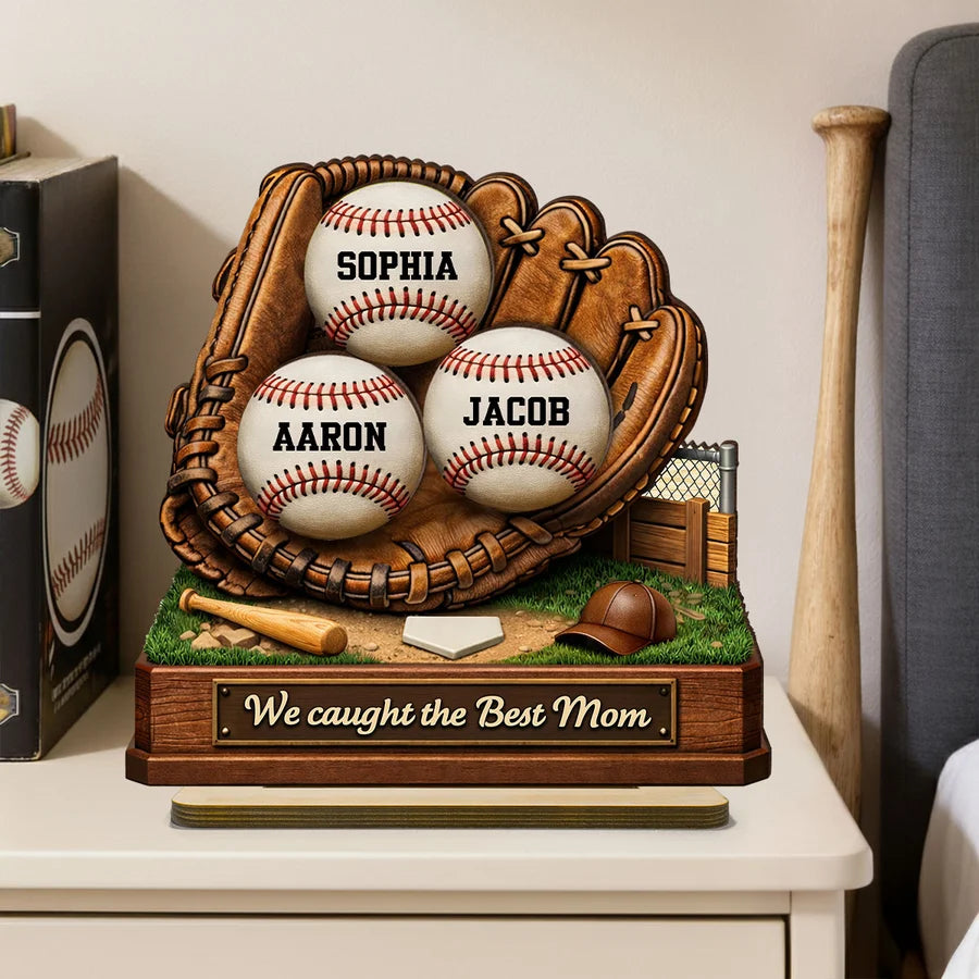 We Caught the Best Mom Baseball - Personalized 2-Layered Wooden Plaque - Sentimental Gift for Mom