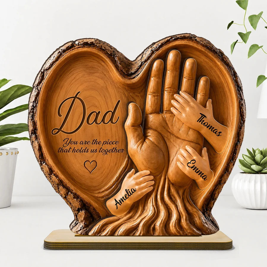 Dad Holds Kids Hands - Personalized 2-Layered Wooden Plaque - Heartfelt Gift For Dad, Husband