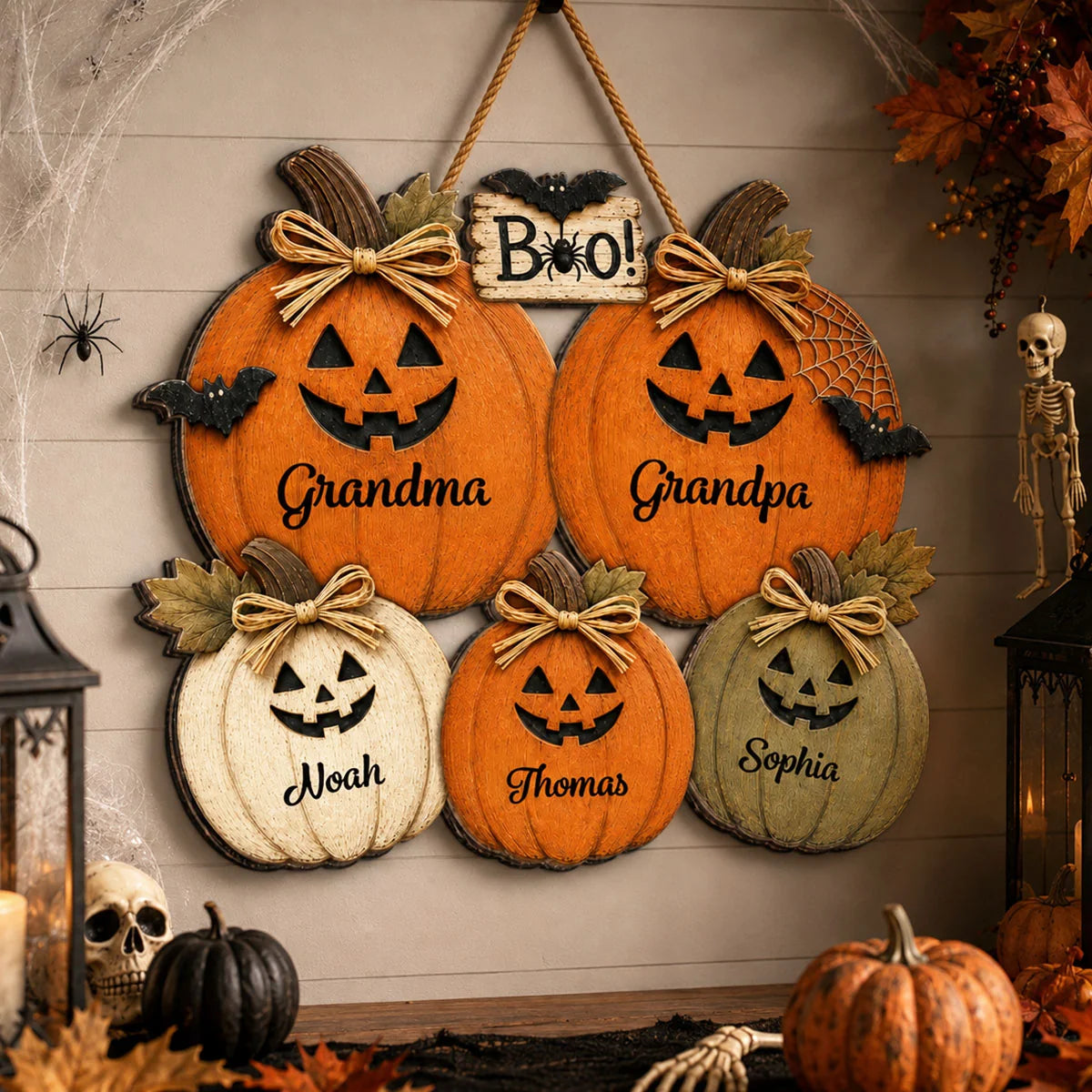 Grandma Grandpa Halloween Pumpkins - Personalized Door Hanger - Fall Season Halloween Decor For Grandparents