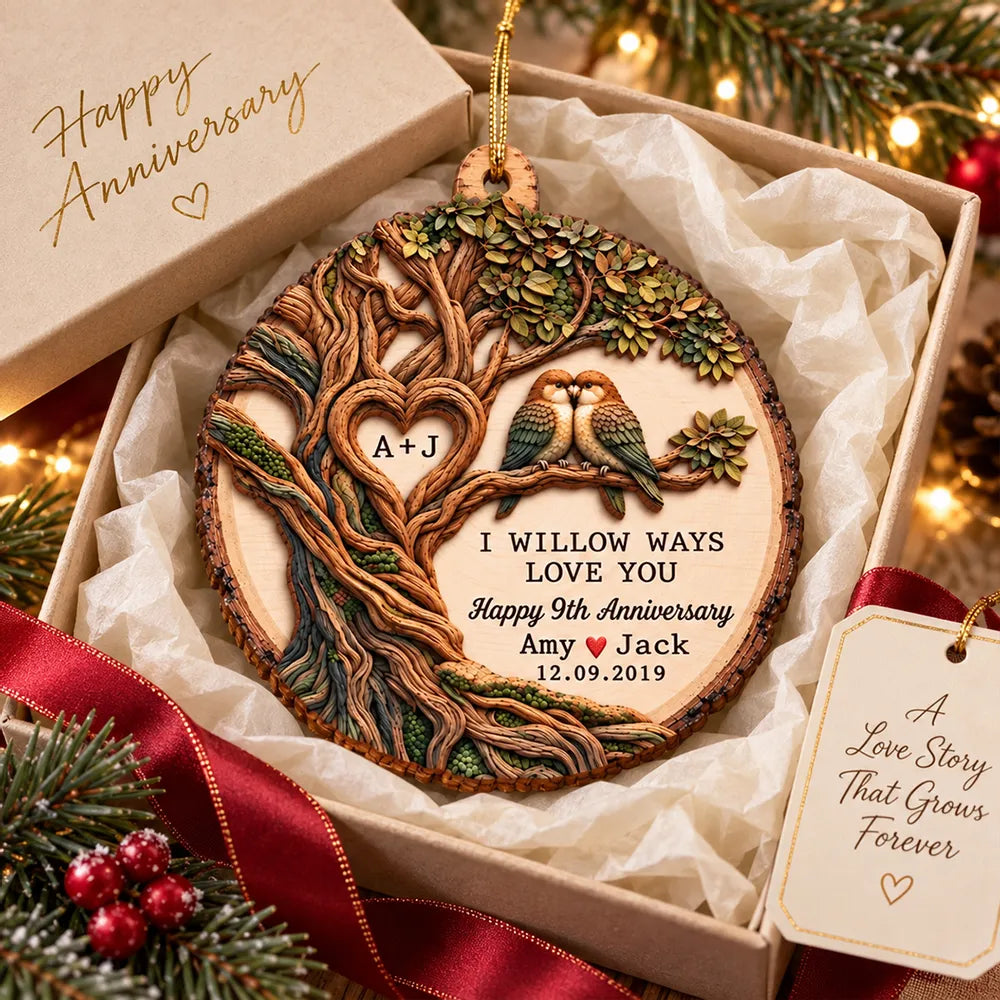 Willow Tree and Paired Birds - Personalized Wooden Ornament - Anniversary Gift for Couple