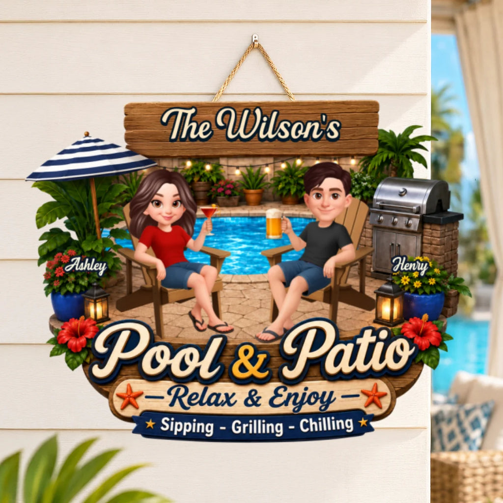 Welcome To Our Pool & Patio - Personalized Wood Sign - Gift For Couple, Summer Patio Pool Decoration