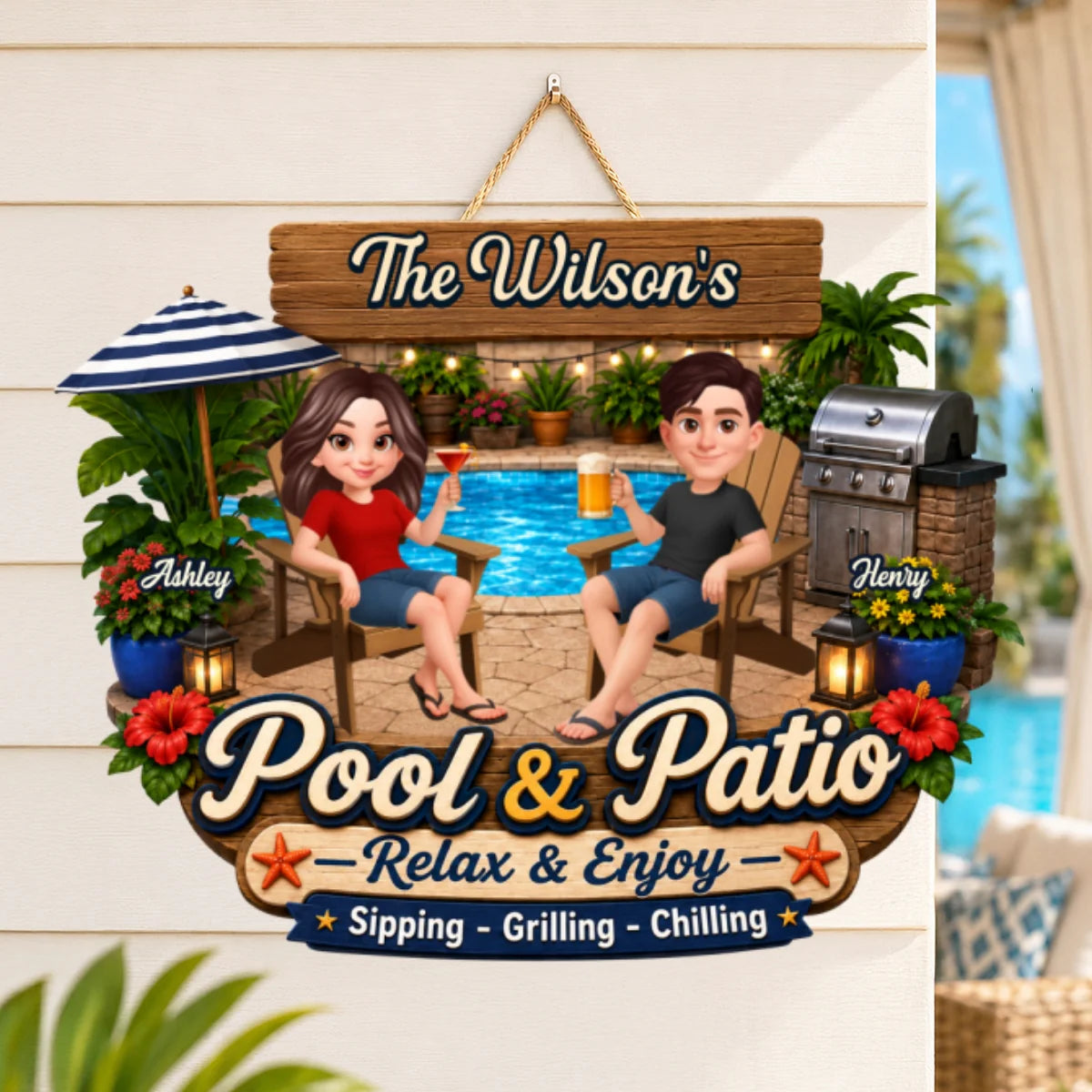 Welcome To Our Pool & Patio - Personalized Wood Sign - Gift For Couple, Summer Patio Pool Decoration