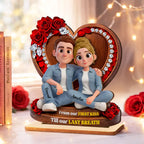 Couple Sitting Rose Heart - Personalized 2-Layered Wooden Plaque - Heartfelt Valentine's Day Gift for Her, for Him