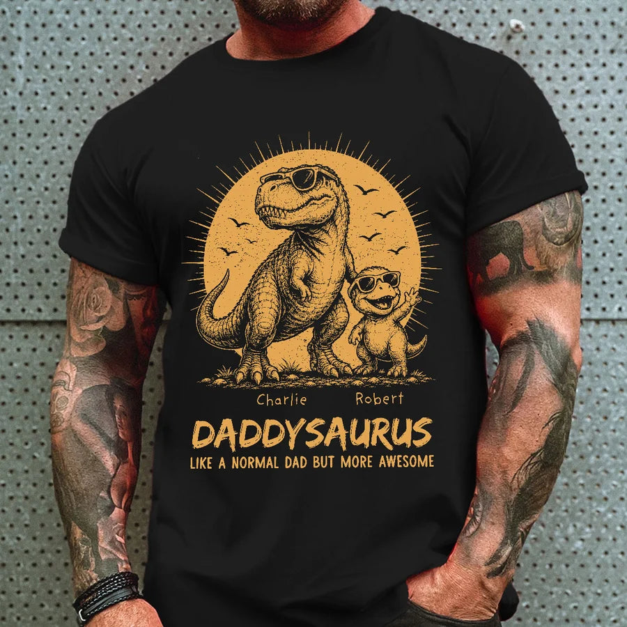 Retro Yellow Vintage Daddysaurus - Personalized Shirt - Funny Father's Day Gift For Dad, Husband