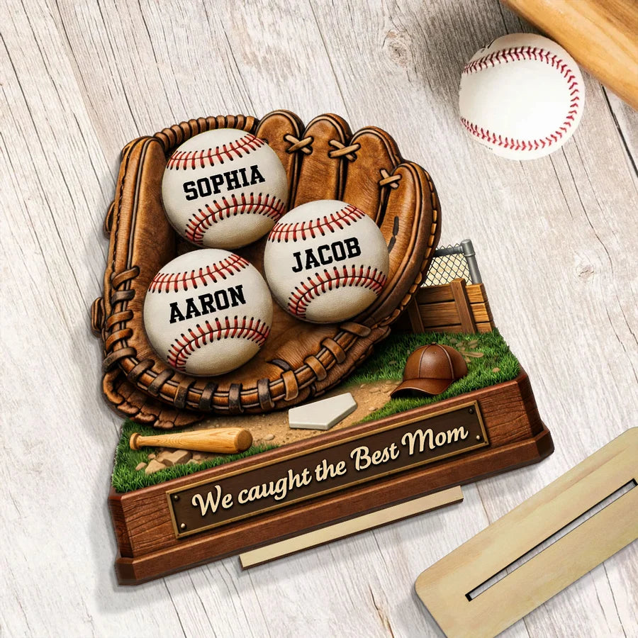 We Caught the Best Mom Baseball - Personalized 2-Layered Wooden Plaque - Sentimental Gift for Mom