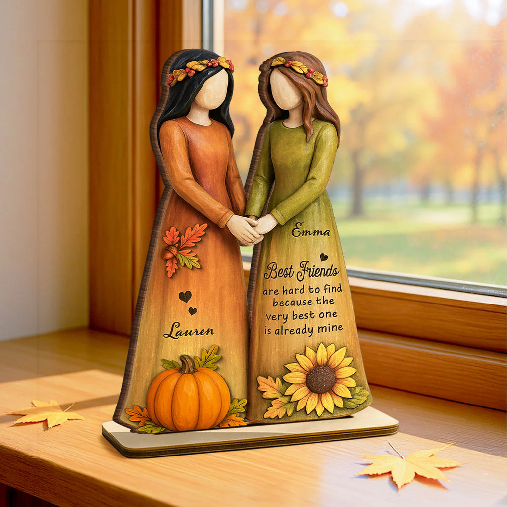 Fall Season Besties Sisters 3D Effect Personalized Standing Wooden Plaque, Gift Friendship Gift for Besties