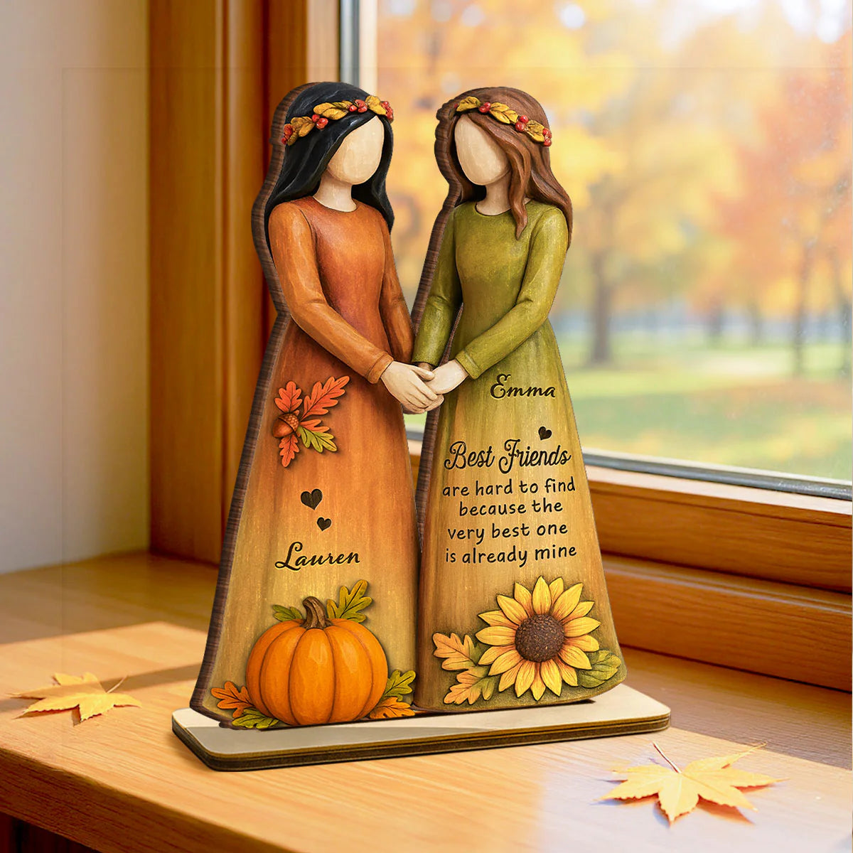 Fall Season Besties Sisters 3D Effect Personalized Standing Wooden Plaque, Gift Friendship Gift for Besties