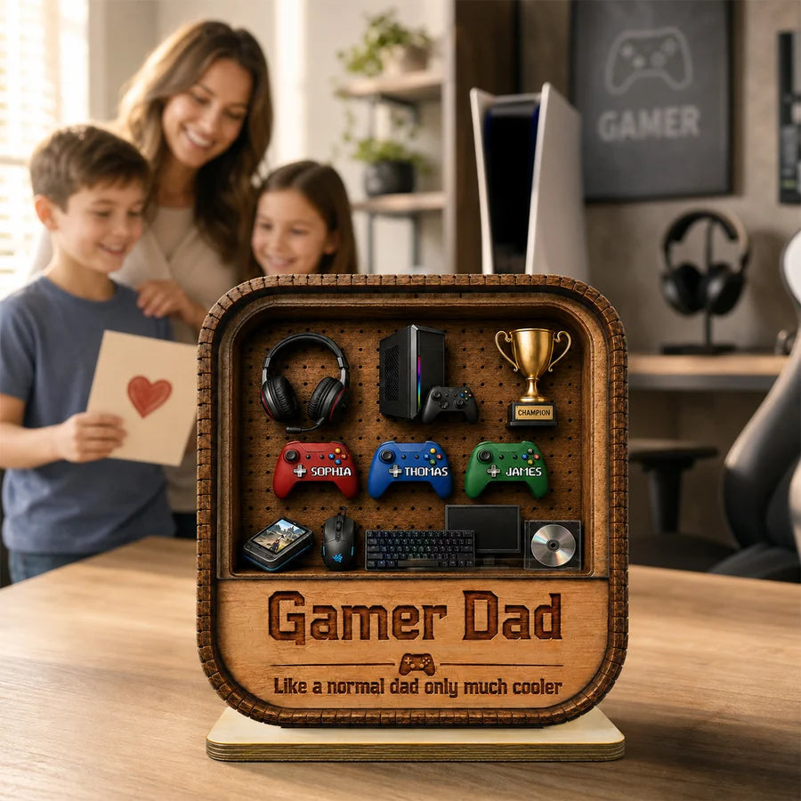 Gamer Dad Gaming Shelf Display With Kids Name 2D Flat - Personalized Wooden Plaque