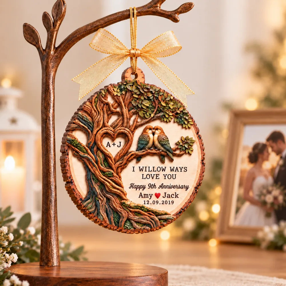 Willow Tree and Paired Birds - Personalized Wooden Ornament - Anniversary Gift for Couple