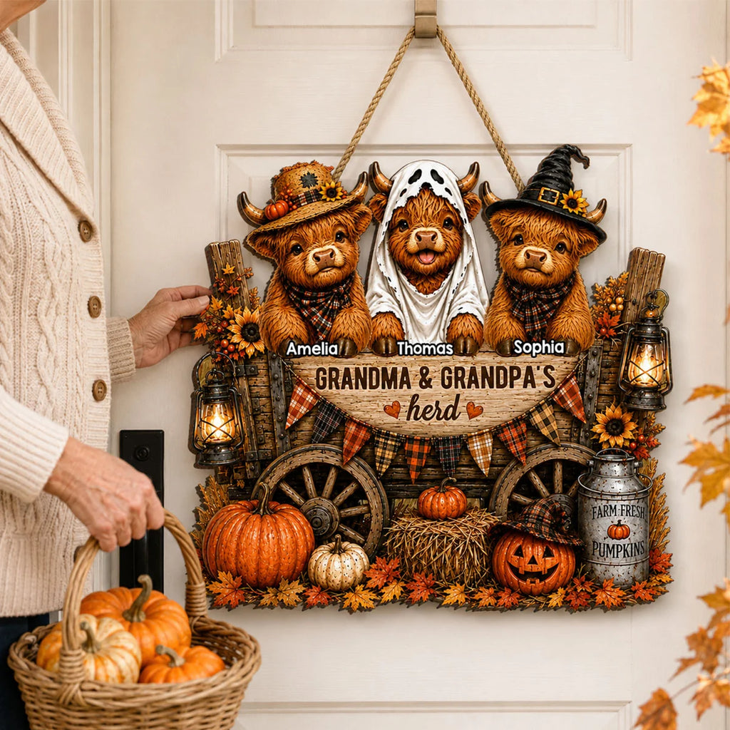 Grandma & Grandpa's Herd - Personalized Wooden Door Sign - Fall Decor for Grandparents, Grandparent's Day Gift