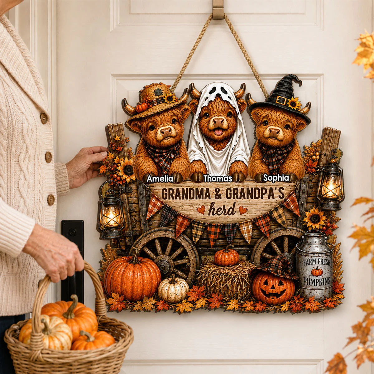 Grandma & Grandpa's Herd - Personalized Wooden Door Sign - Fall Decor for Grandparents, Grandparent's Day Gift
