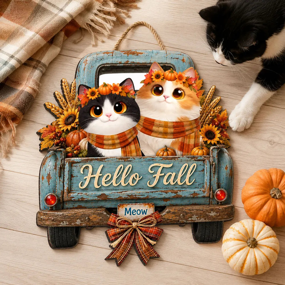 Hello Fall Pumpkin Cats - Personalized Door Hanger Sign - Cozy Fall Decor for Cat Lovers
