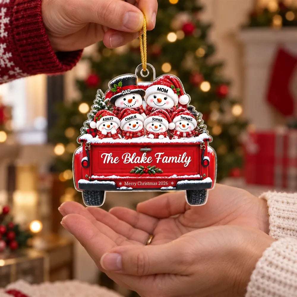 Snowman Family On Truck - Personalized Acrylic Ornament - Christmas Tree Decor For Family, Grandparents