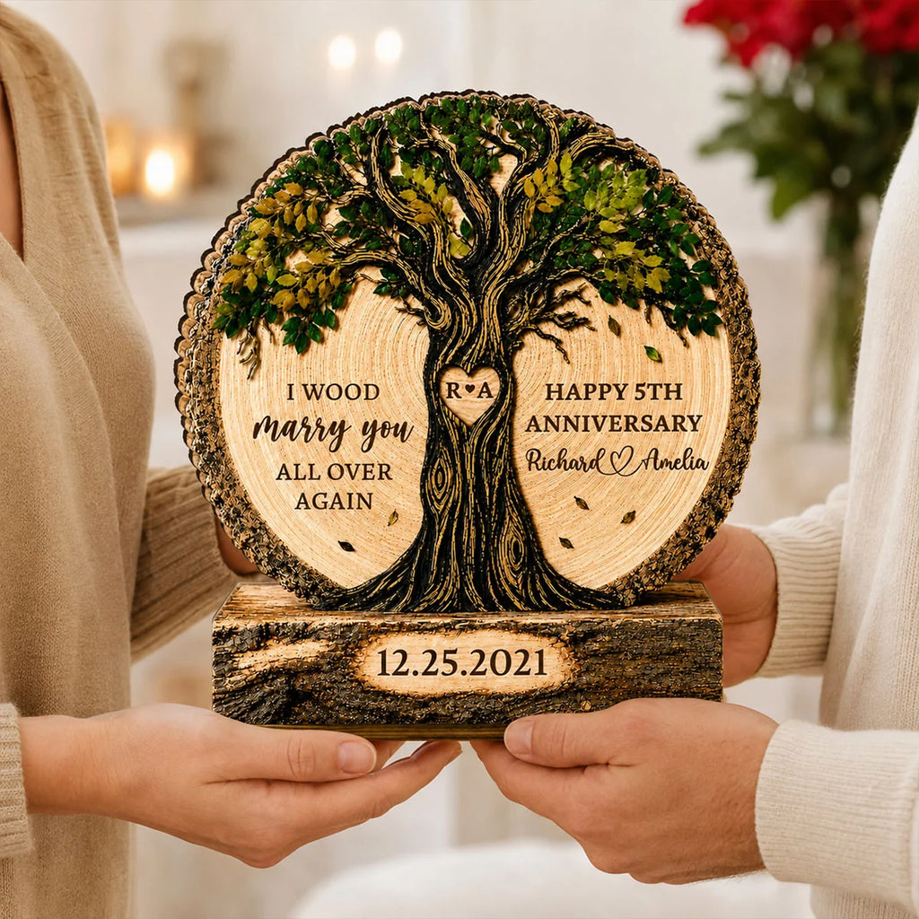 Couple Tree I Wood Marry You - Personalized 2-Layered Wooden Plaque - Gift For Couple