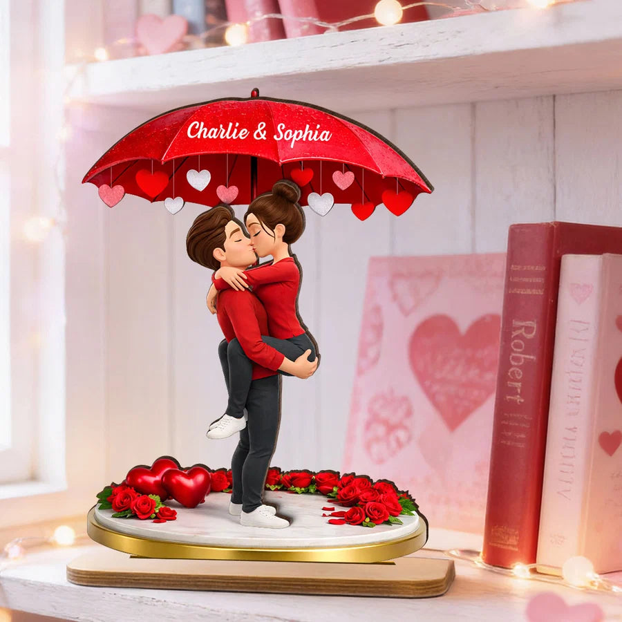 Couple Hugging Kissing Under Umbrella - Personalized 2-Layered Wooden Plaque - Anniversary, Valentine's Day Gift, Gift For Him, Gift For Her