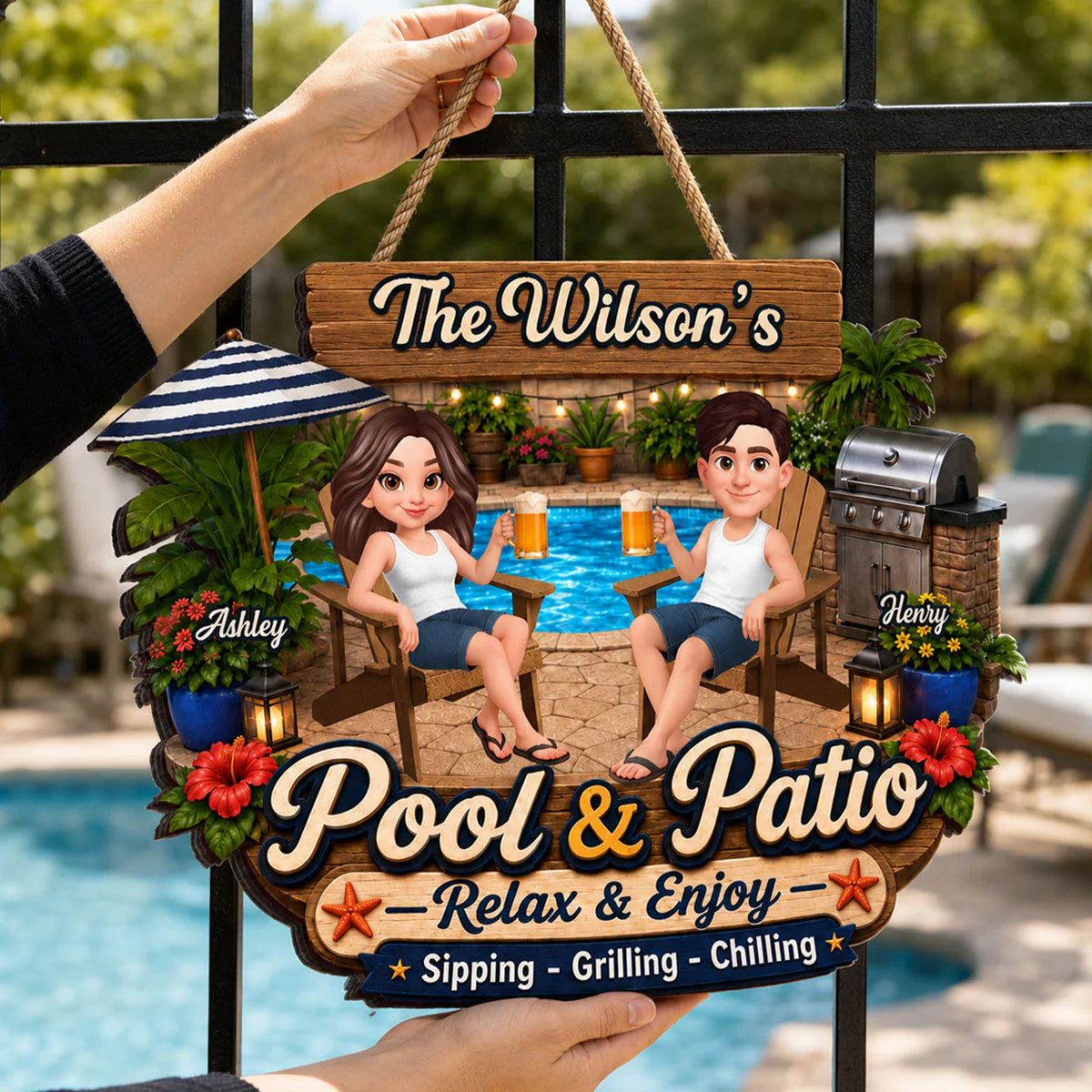 Welcome To Our Pool & Patio - Personalized Wood Sign - Gift For Couple, Summer Patio Pool Decoration