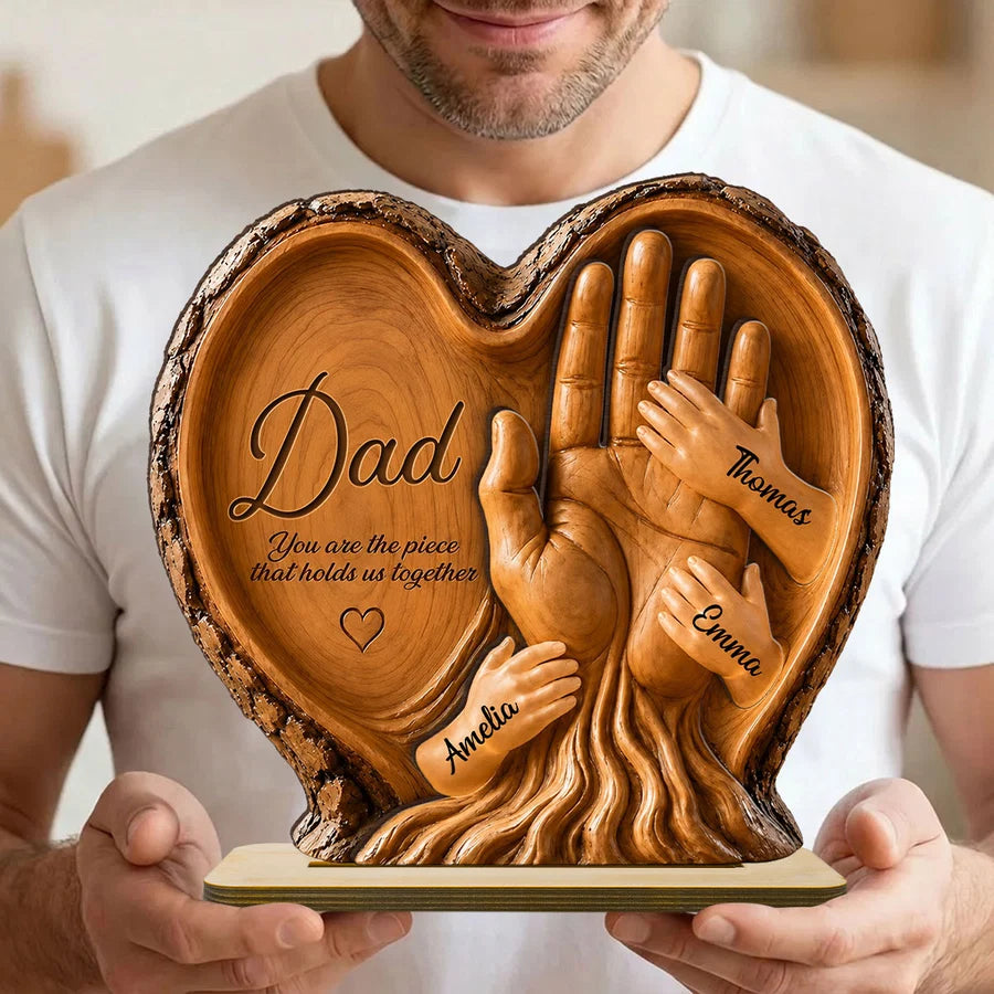 Dad Holds Kids Hands - Personalized 2-Layered Wooden Plaque - Heartfelt Gift For Dad, Husband