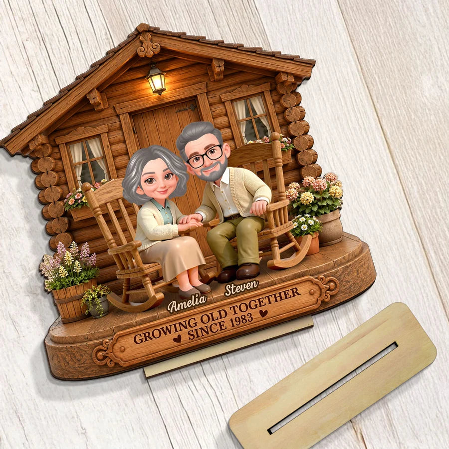 Eternal Love Couple Growing Old Together Cabin Wood House - Personalized 2-Layered Wooden Plaque - Anniversary Gift For Couple