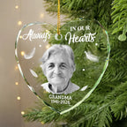 Custom Photo Memorial Always In Our Heart - Personalized Glass Ornament