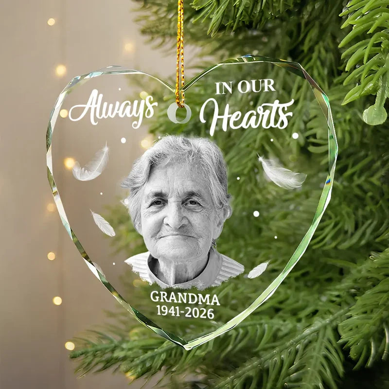 Custom Photo Memorial Always In Our Heart - Personalized Glass Ornament