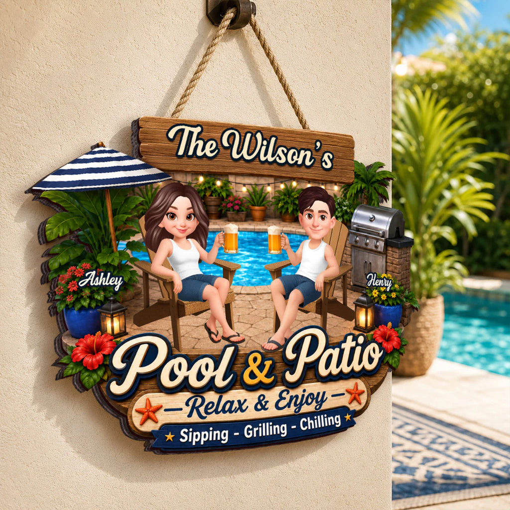 Welcome To Our Pool & Patio - Personalized Wood Sign - Gift For Couple, Summer Patio Pool Decoration