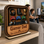 Gamer Dad Gaming Shelf Display With Kids Name 2D Flat - Personalized Wooden Plaque