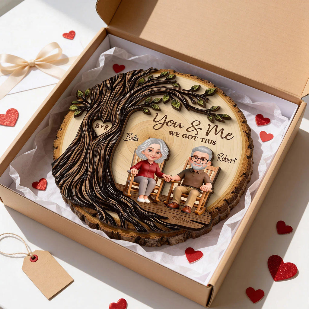 Old Couple Rocking Chair Under Heart Carved Tree - Personalized 2-Layered Wooden Plaque - Valentine's Day Gift For Couple