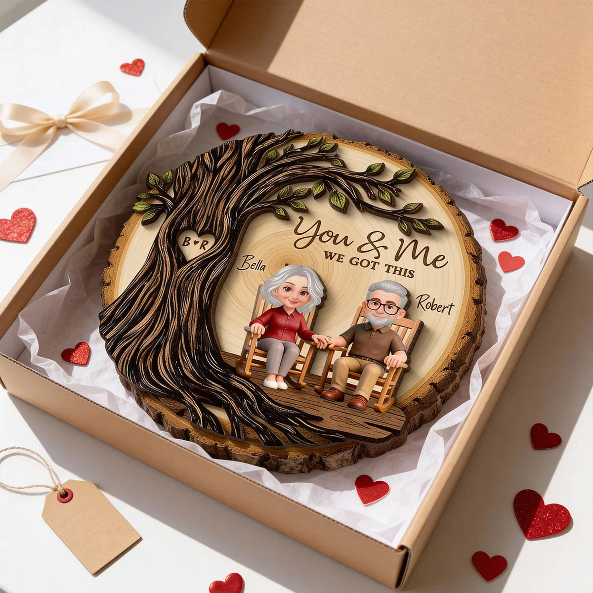 Old Couple Rocking Chair Under Heart Carved Tree - Personalized 2-Layered Wooden Plaque - Valentine's Day Gift For Couple