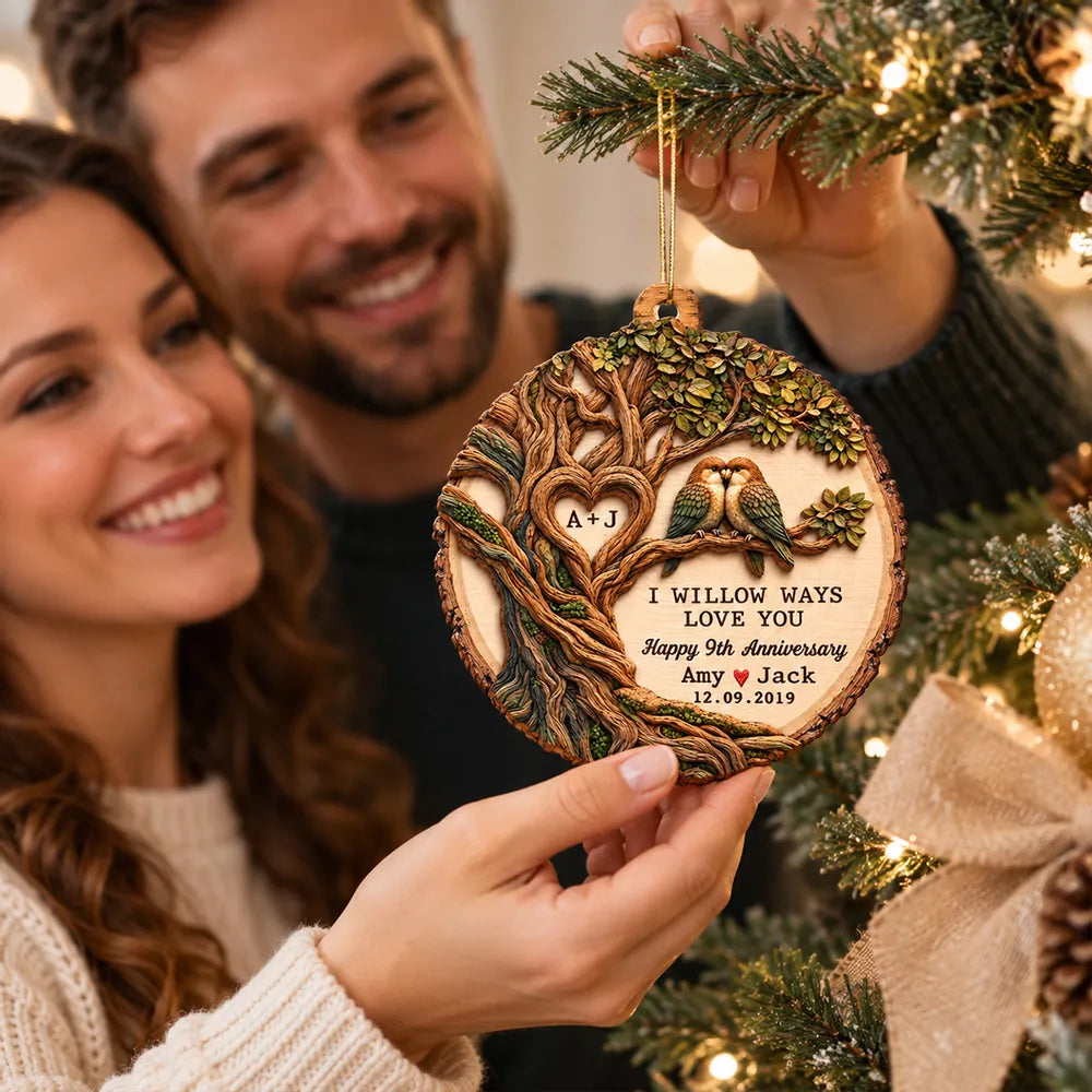 Willow Tree and Paired Birds - Personalized Wooden Ornament - Anniversary Gift for Couple