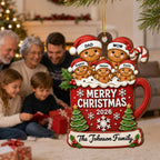Gingerbread Family In Hot Cocoa 2D Flat - Personalized Wooden Ornament - Christmas Tree Decor For Family