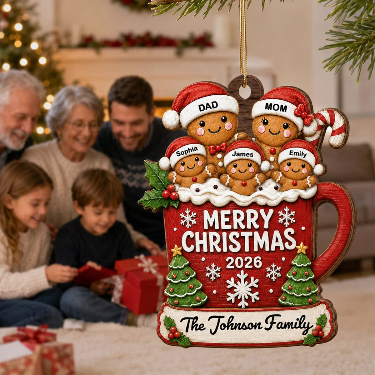 Gingerbread Family In Hot Cocoa 2D Flat - Personalized Wooden Ornament - Christmas Tree Decor For Family