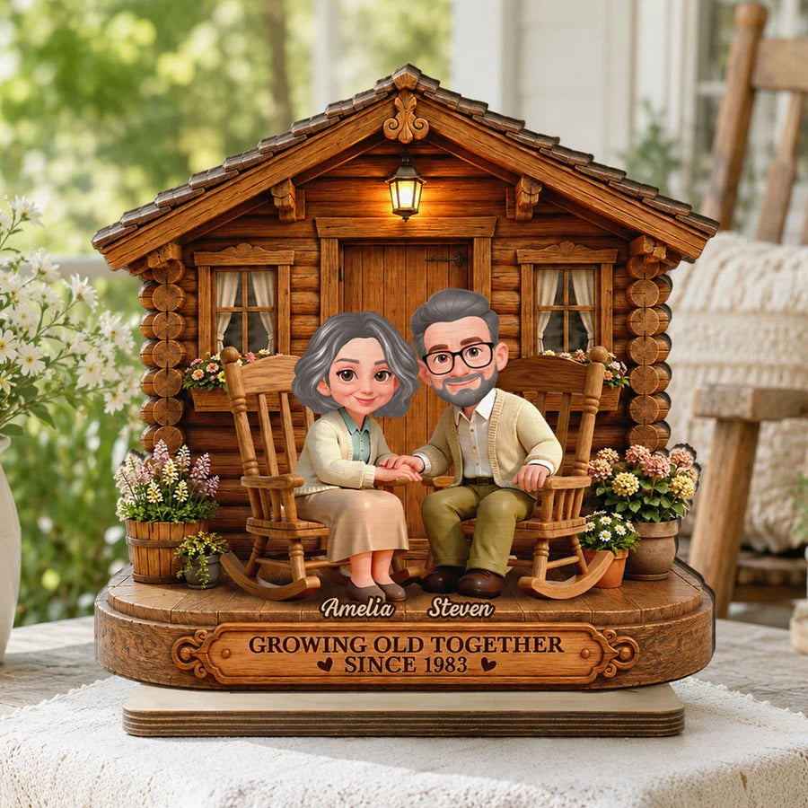Eternal Love Couple Growing Old Together Cabin Wood House - Personalized 2-Layered Wooden Plaque - Anniversary Gift For Couple