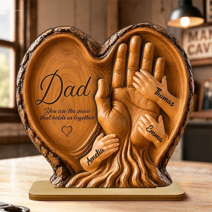 Dad Holds Kids Hands - Personalized 2-Layered Wooden Plaque - Heartfelt Gift For Dad, Husband