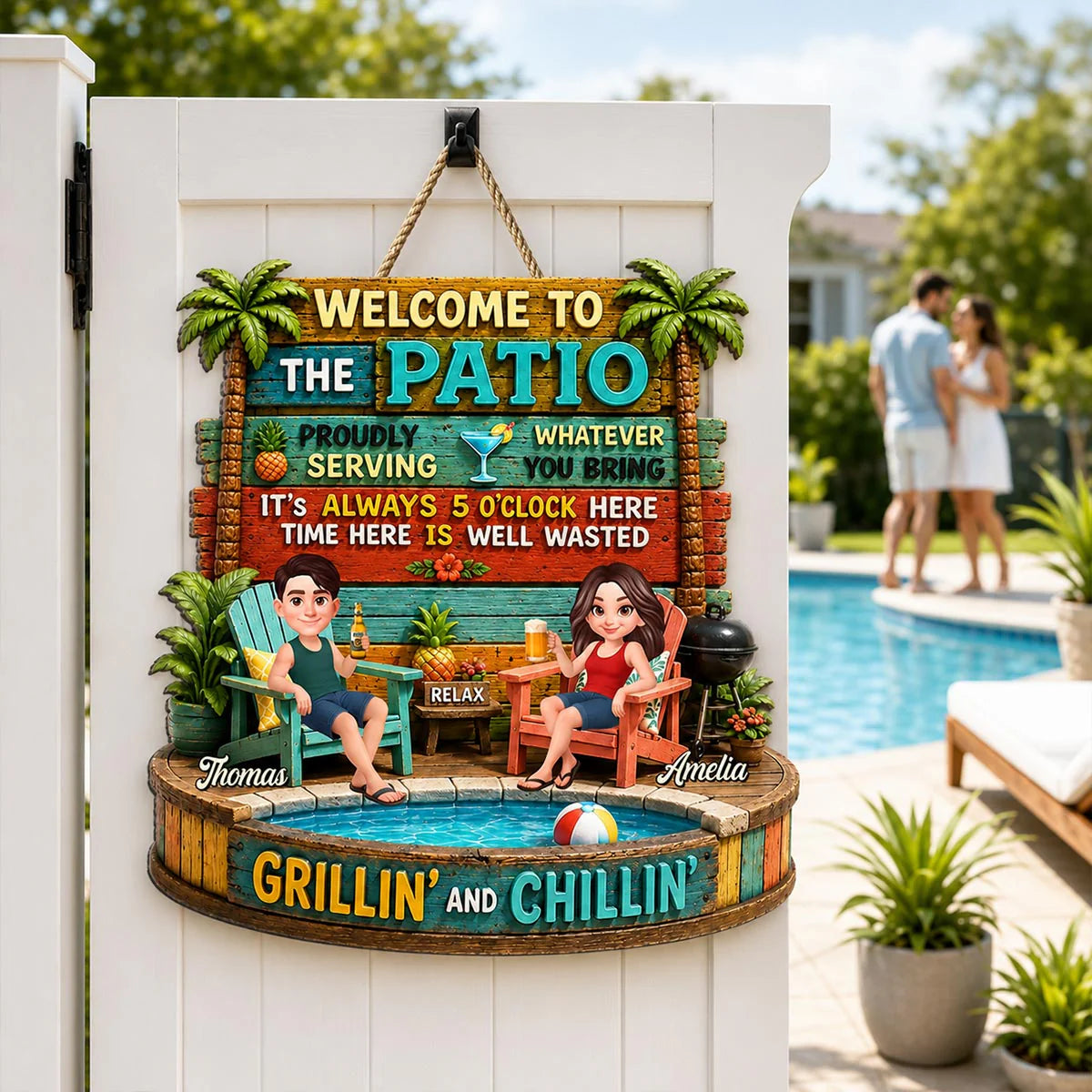 Couple Patio Welcome Proudly Serving Whatever You Bring - Personalized Wooden Sign - Summer Backyard Decor