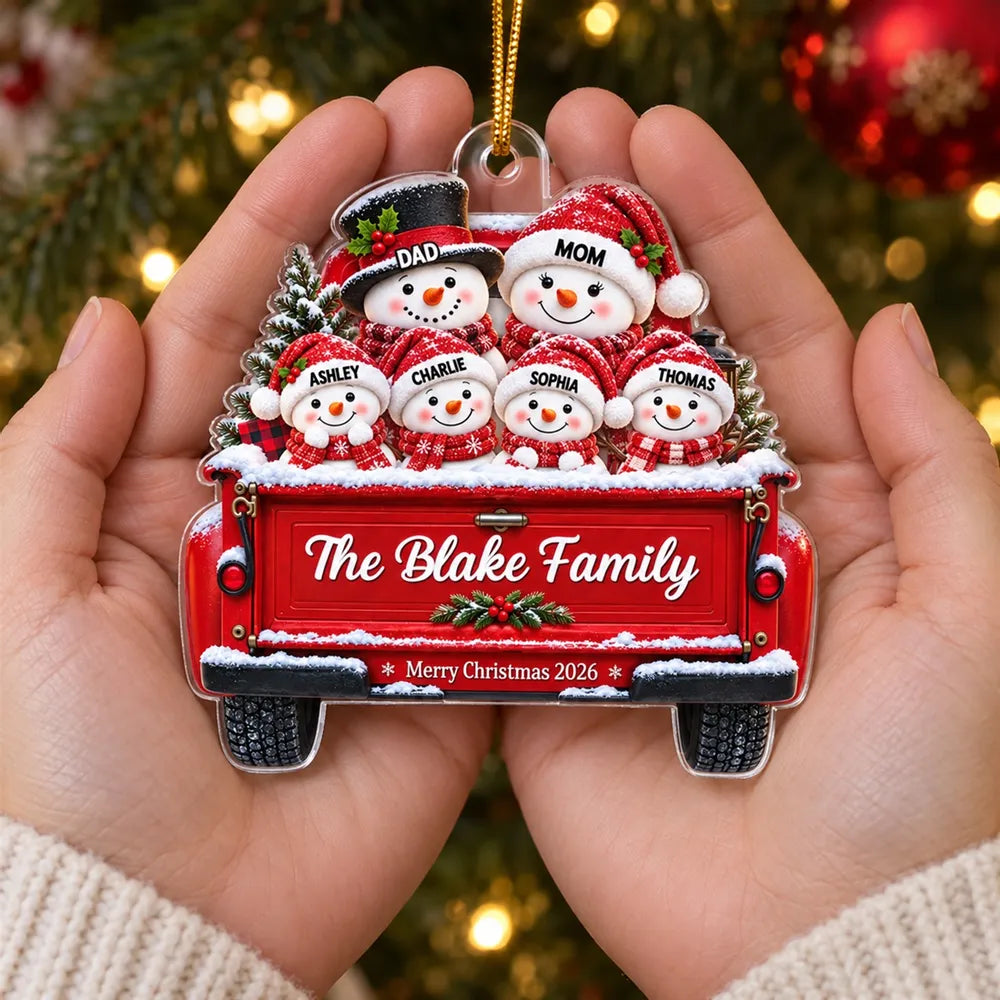 Snowman Family On Truck - Personalized Acrylic Ornament - Christmas Tree Decor For Family, Grandparents