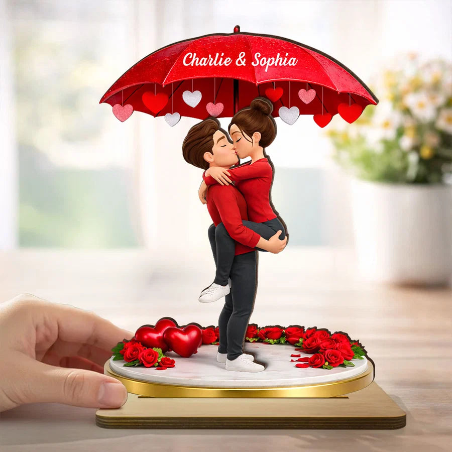 Couple Hugging Kissing Under Umbrella - Personalized 2-Layered Wooden Plaque - Anniversary, Valentine's Day Gift, Gift For Him, Gift For Her
