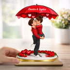 Couple Hugging Kissing Under Umbrella - Personalized 2-Layered Wooden Plaque - Anniversary, Valentine's Day Gift, Gift For Him, Gift For Her