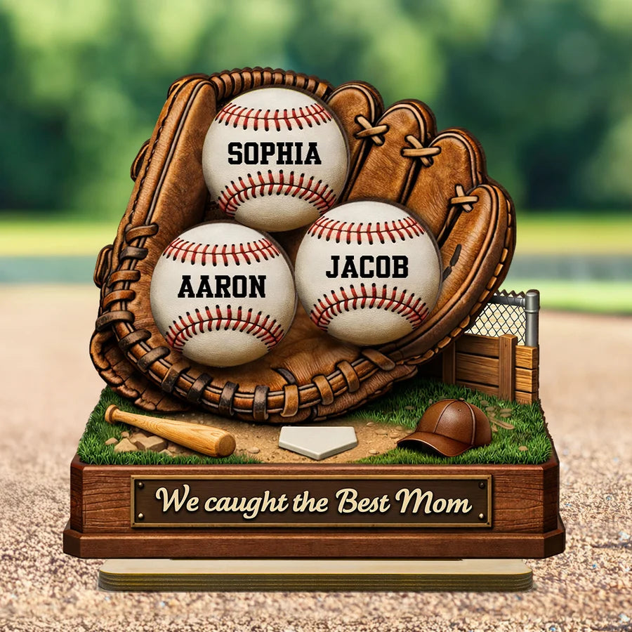 We Caught the Best Mom Baseball - Personalized 2-Layered Wooden Plaque - Sentimental Gift for Mom