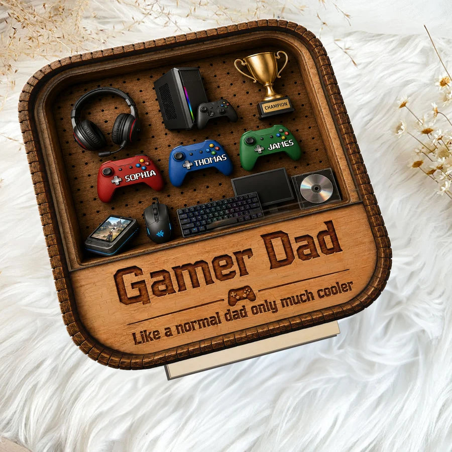 Gamer Dad Gaming Shelf Display With Kids Name 2D Flat - Personalized Wooden Plaque