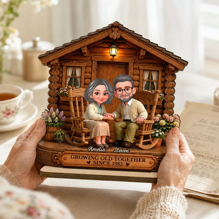 Eternal Love Couple Growing Old Together Cabin Wood House - Personalized 2-Layered Wooden Plaque - Anniversary Gift For Couple