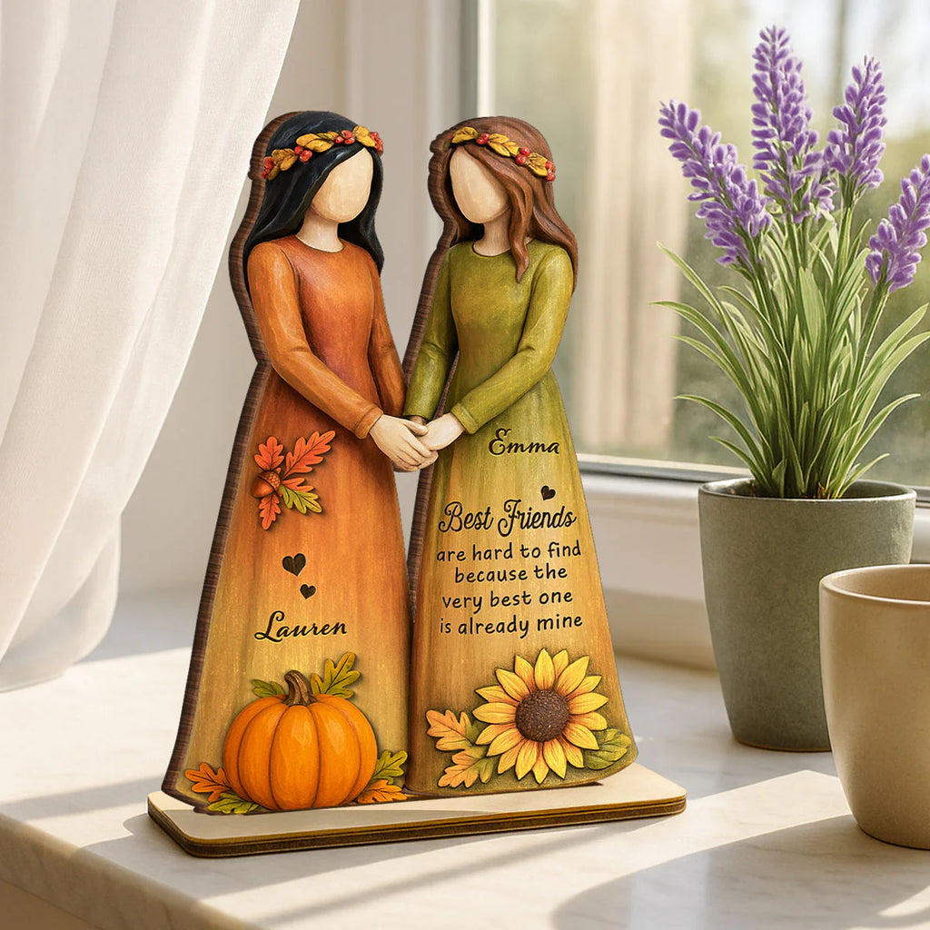 Fall Season Besties Sisters 3D Effect Personalized Standing Wooden Plaque, Gift Friendship Gift for Besties