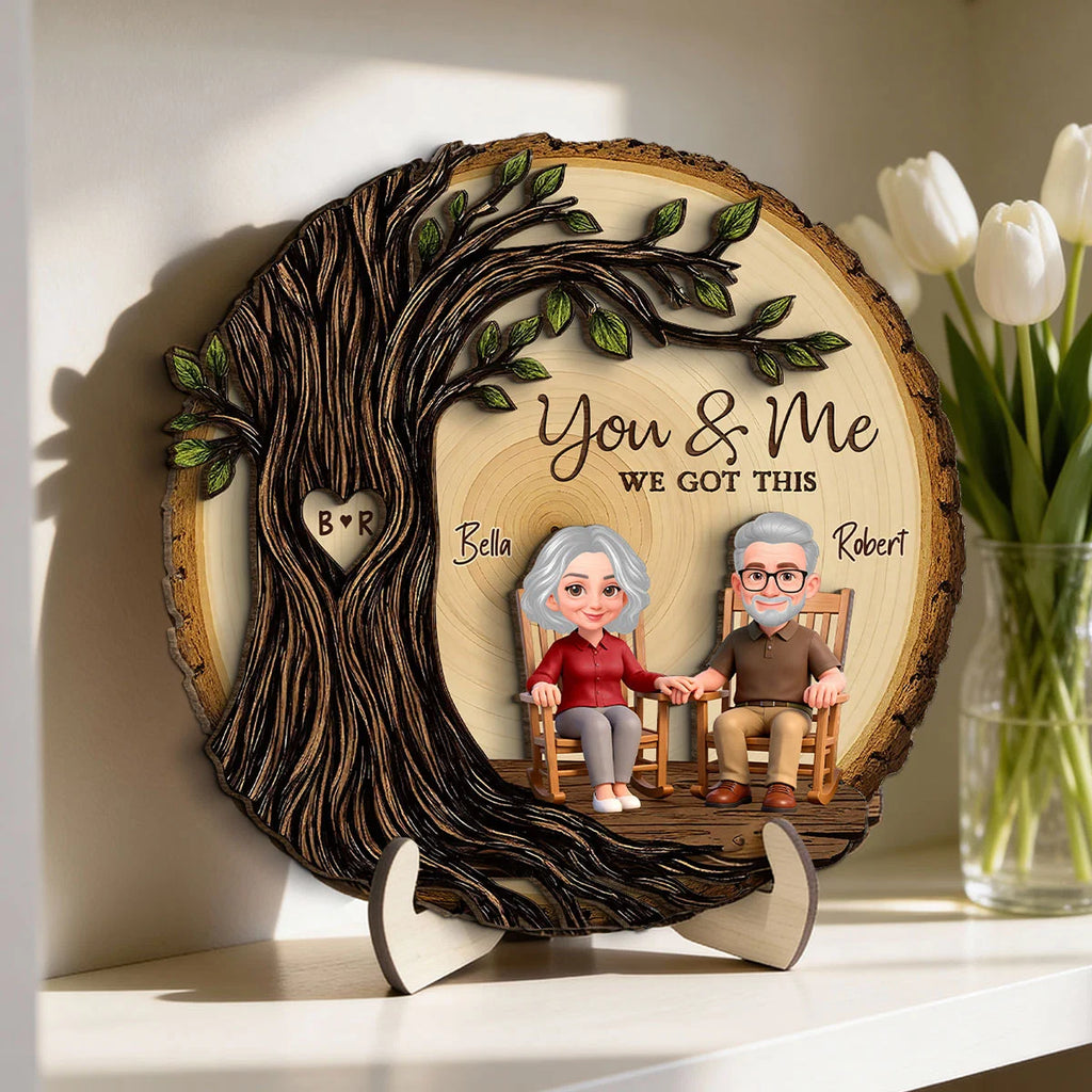 Old Couple Rocking Chair Under Heart Carved Tree - Personalized 2-Layered Wooden Plaque - Valentine's Day Gift For Couple
