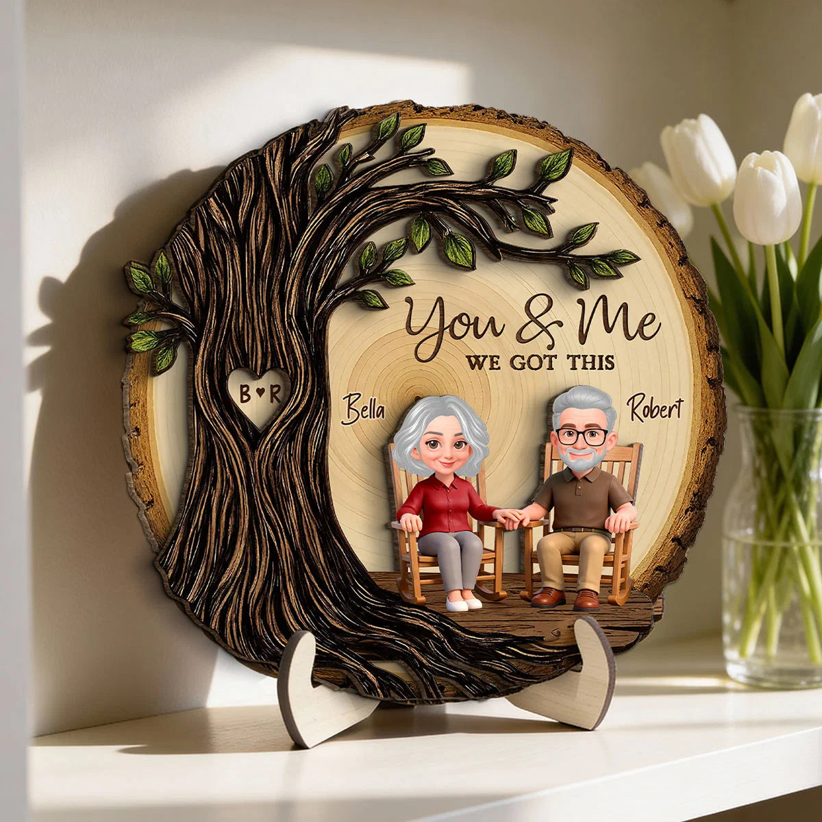 Old Couple Rocking Chair Under Heart Carved Tree - Personalized 2-Layered Wooden Plaque - Valentine's Day Gift For Couple