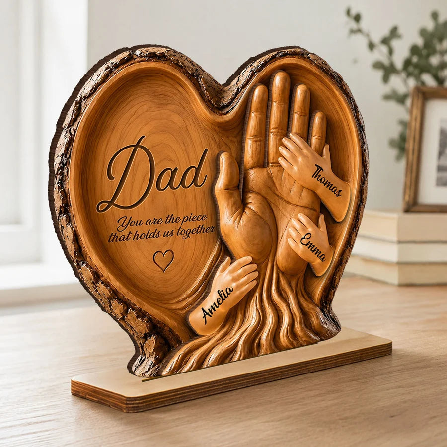 Dad Holds Kids Hands - Personalized 2-Layered Wooden Plaque - Heartfelt Gift For Dad, Husband