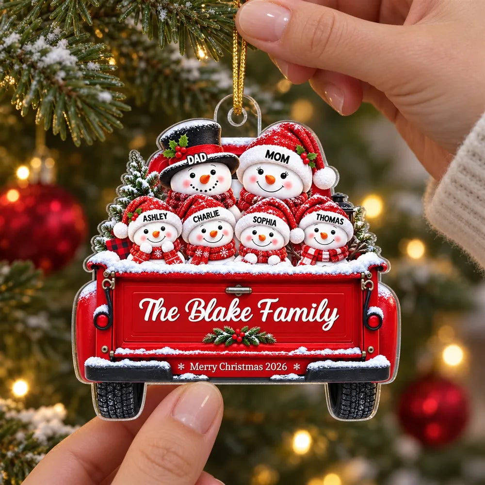 Snowman Family On Truck - Personalized Acrylic Ornament - Christmas Tree Decor For Family, Grandparents