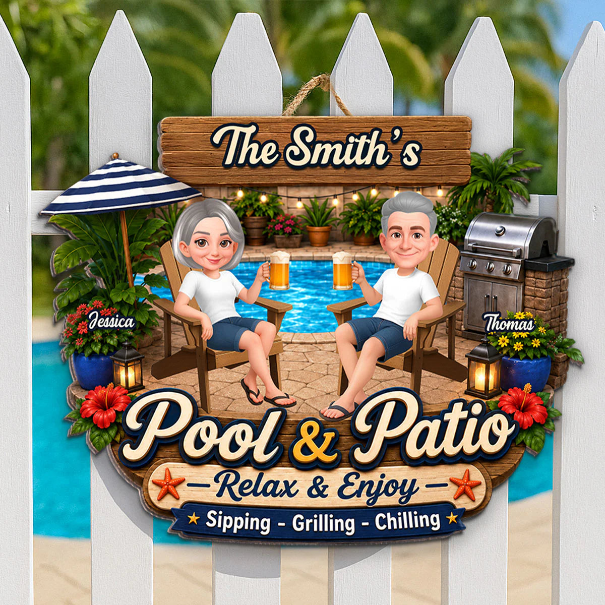 Welcome To Our Pool & Patio - Personalized Wood Sign - Gift For Couple, Summer Patio Pool Decoration