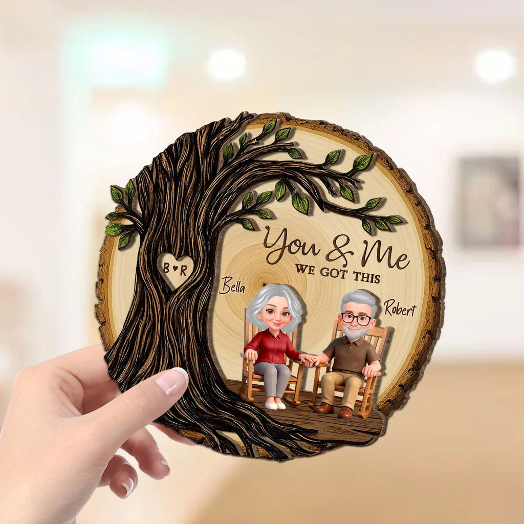 Old Couple Rocking Chair Under Heart Carved Tree - Personalized 2-Layered Wooden Plaque - Valentine's Day Gift For Couple